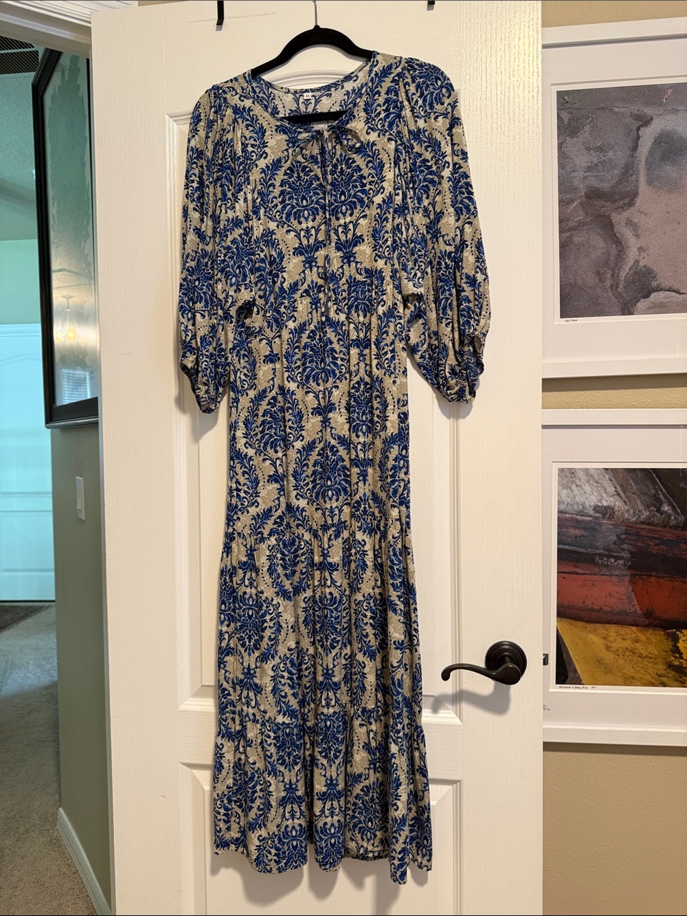 Amazon Blue and Cream Long Sleeve Tiered Midi Dress